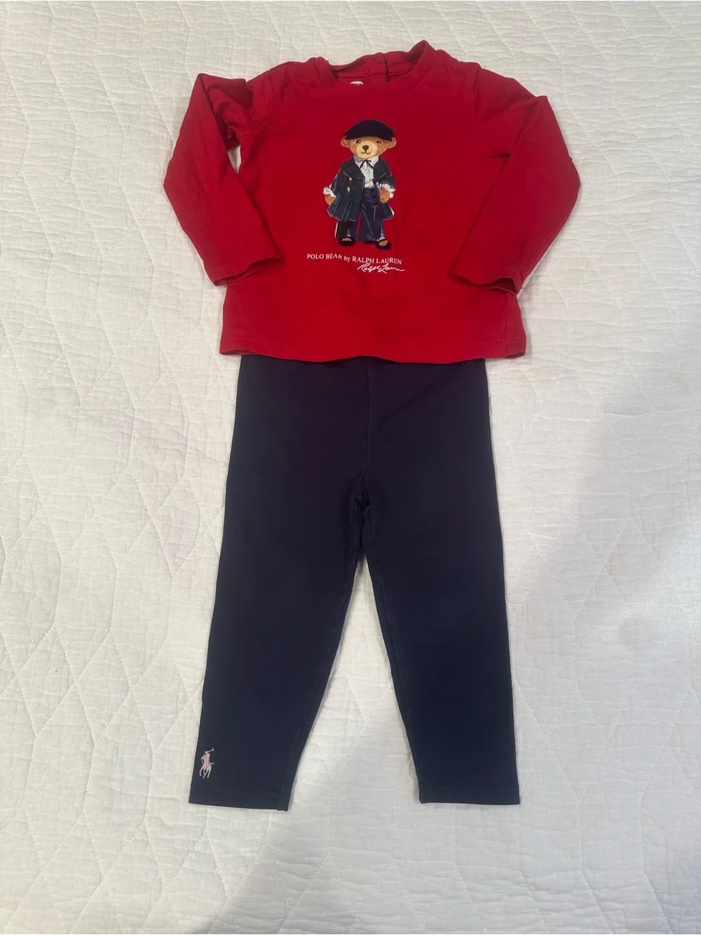 Ralph Lauren Red Bear Graphic Long Sleeve Top with Navy Leggings
